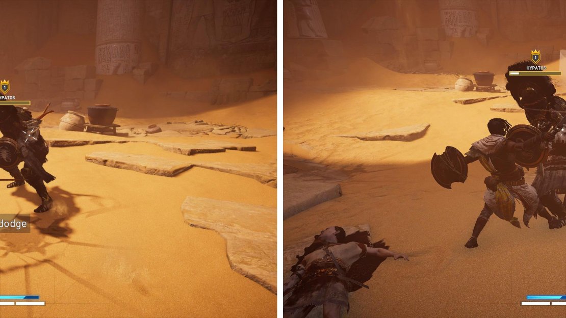 Press the dodge button as he takes a swing (left) and then beware of his shield (right). Your light attacks will bounce off.