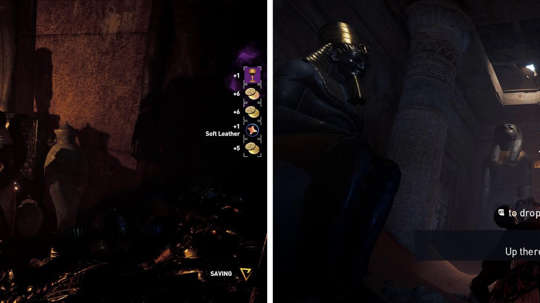 Trinkets are denoted by a purple border (left) and can be sold to merchants. To get out of the tomb, look for the light above the statues (right) then climb them.
