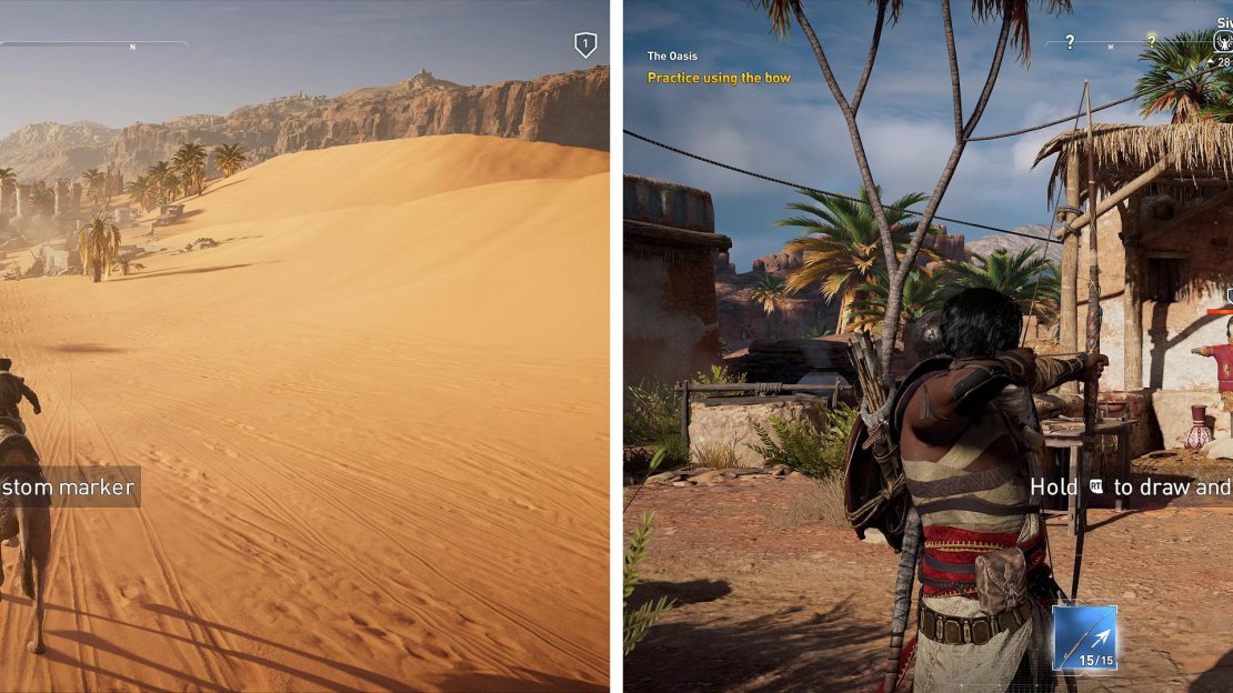 You can have your mount follow the road (left) for easy travel. Aim for the head of the dummies for maximum damage (right).