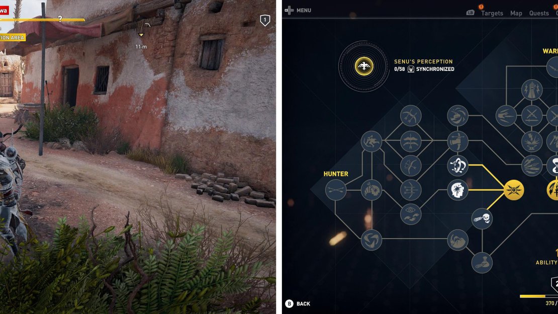 You can stealth kill an enemy (left) right before they spot you. Every time you level up, you can ability points (right) to spend on new skills.