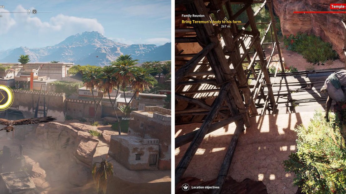 Senu can spot your mission targets by zoning in on them (left). When you find Tenemun, carry him away from the camp (right).