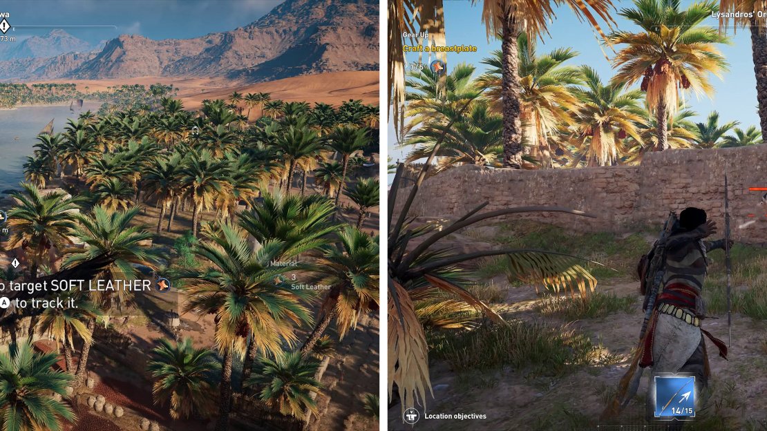 Senu can spot any hunting opportunities (left). Once spotted, shoot the antelope with your bow (right) and collect the Leather.