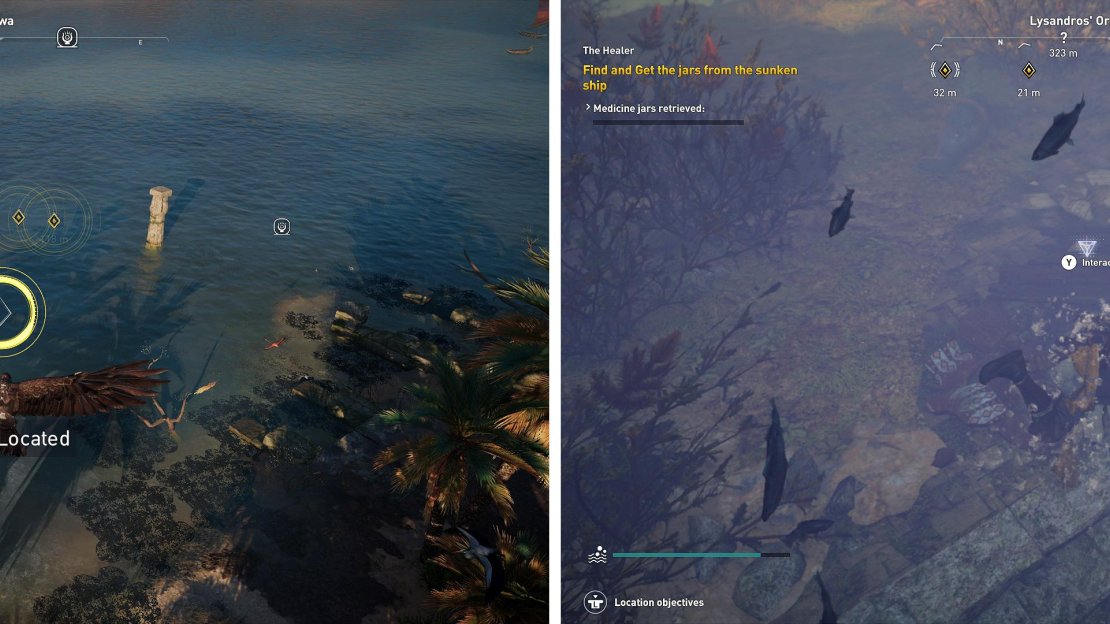 Use Senu to spot the medicine from the air (left) and then dive down to retrieve it (right). Be mindful of your breath meter too!