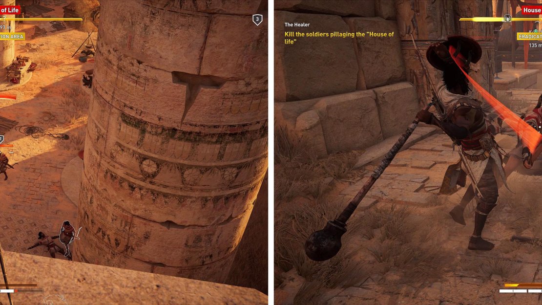 You can snipe many of the enemies from the roof with your bow (left) or you can run in all guns blazing (right).