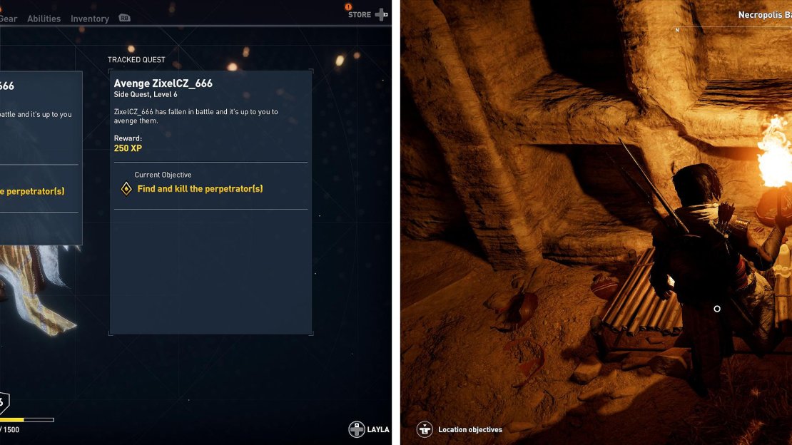 If you’re playing online, you may find quests to avenge friends (left). At the Necropolis Hideout, the loot chest is inside the cave (right).
