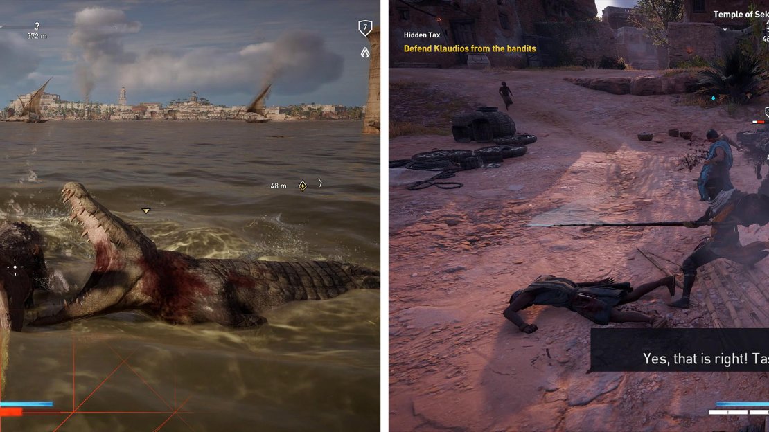 It’s not a good idea to fight the crocodiles up close (left). When you get back, you must fight off some soldiers (right) to complete the mission.