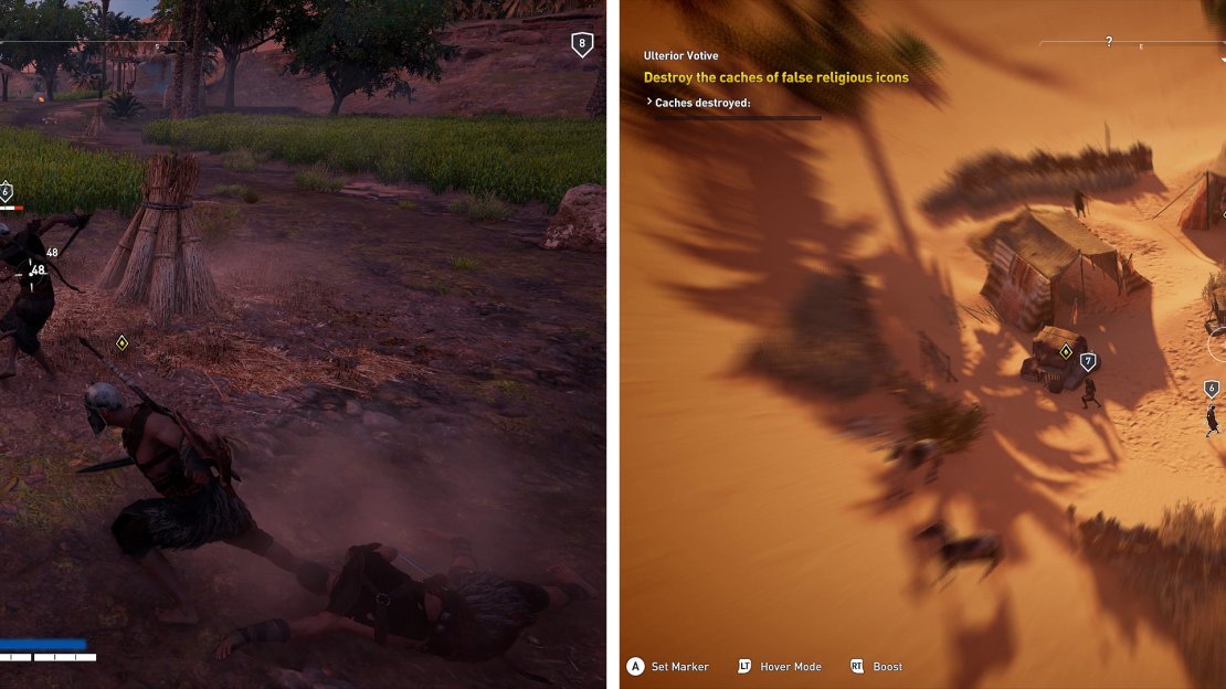The merchant will lead you into a trap (left) and then finally tell you where the camp with the false trinkets are (right). Destroy them all.