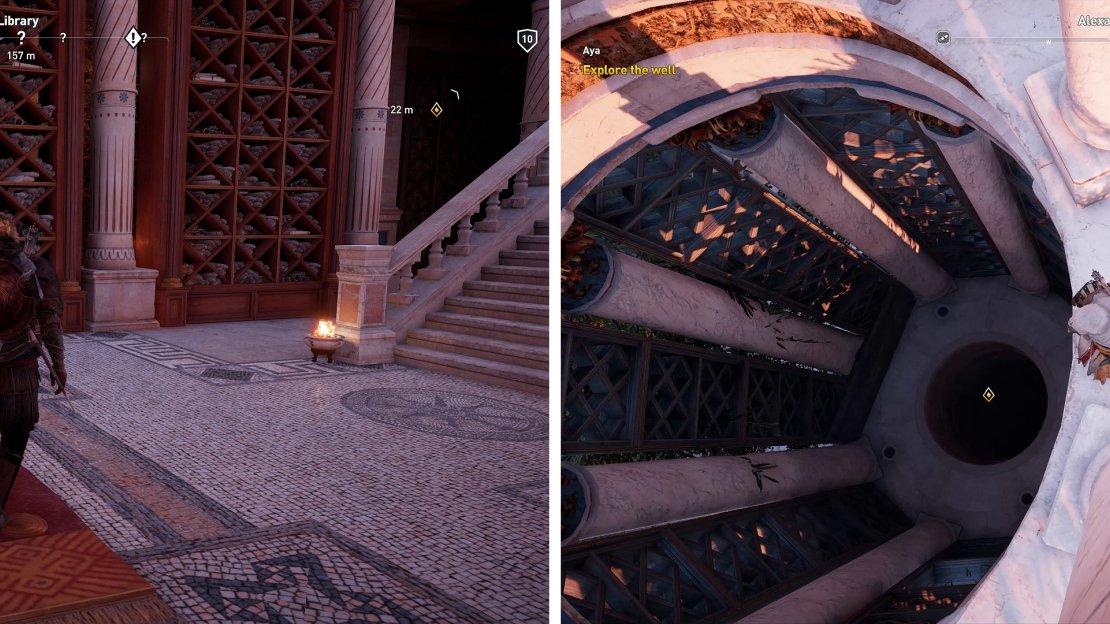 You can find the Papyrus Scroll on a table at the center of the library (left). To find Aya, climb to the top of the vine covered tower (right) and jump in.