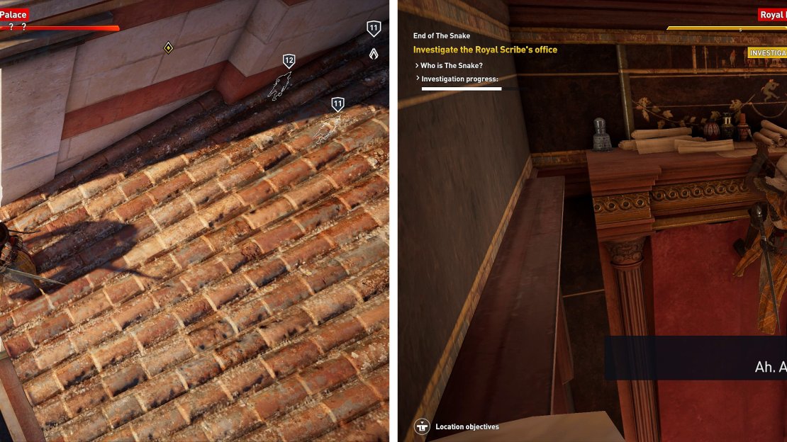 Look for the vine covered terrace (left) to jump down onto and enter the Palace. You’ll need to find the key to the chest by climbing the bookshelf (right).