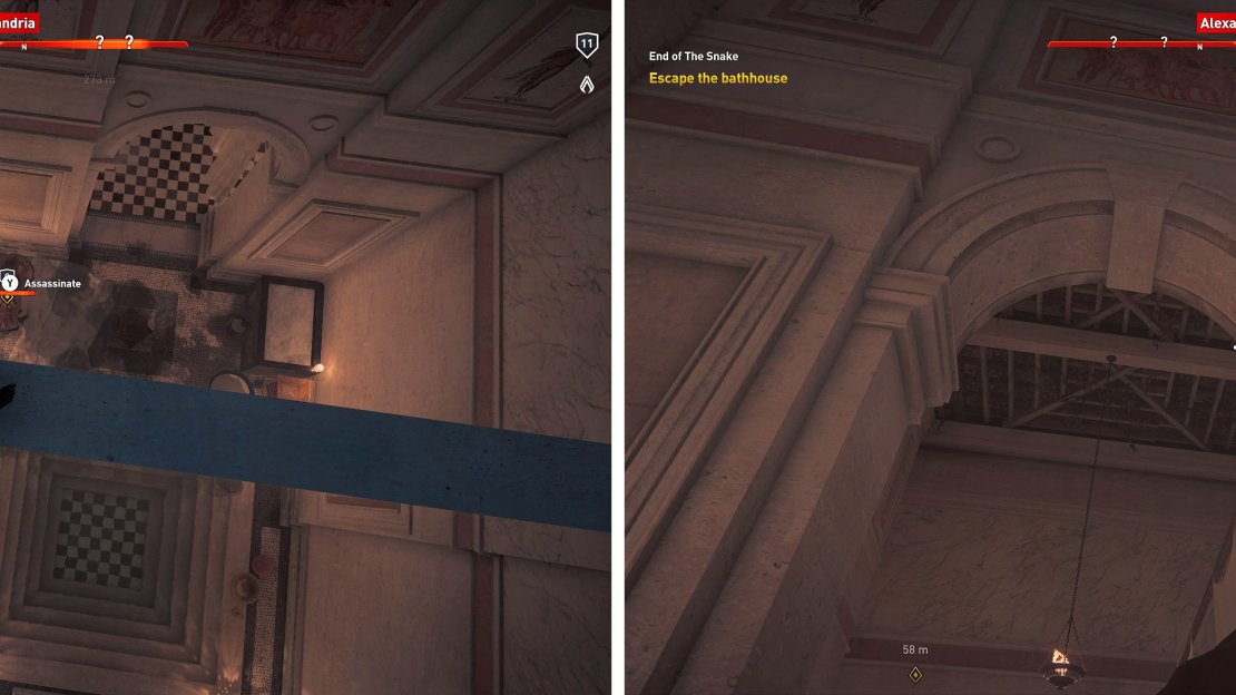 Climb up onto the rafters above where the Snake is bathing to take him out (left). To escape, climb back out (right) and follow the walkway above to a ladder at the far end.