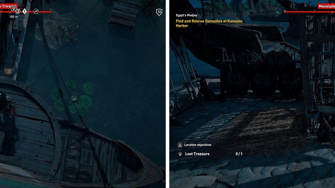 Use the masts of the ships to take out any soldiers (left) and survey the docks. Once done, unlock the cage for Damastes (right).