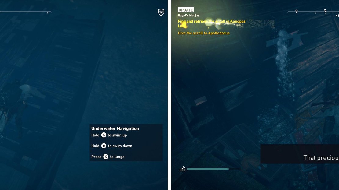 Dive down to find the shipwreck (left) and the Scroll Apollodorus needs (right) inside.