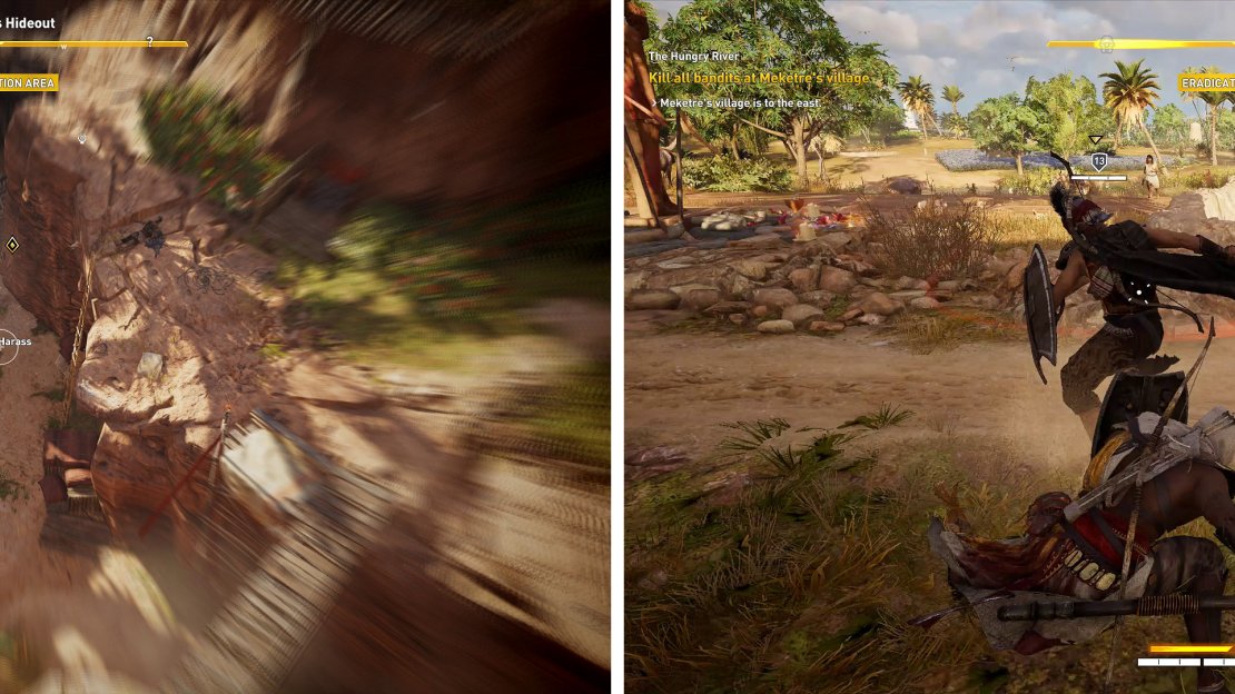 Meketre is held captive at the far end of the camp (left). Later, help him clear out the bandits from his village (right).