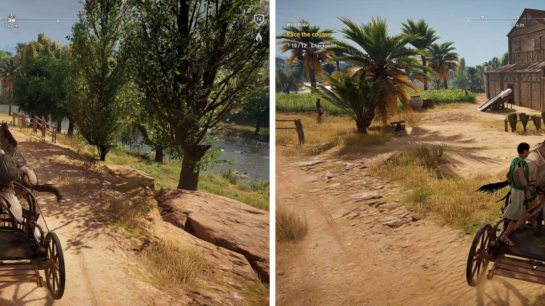 Race around the chariot course (left) but beware sharp corners (right) as the chariot can become unwieldy.