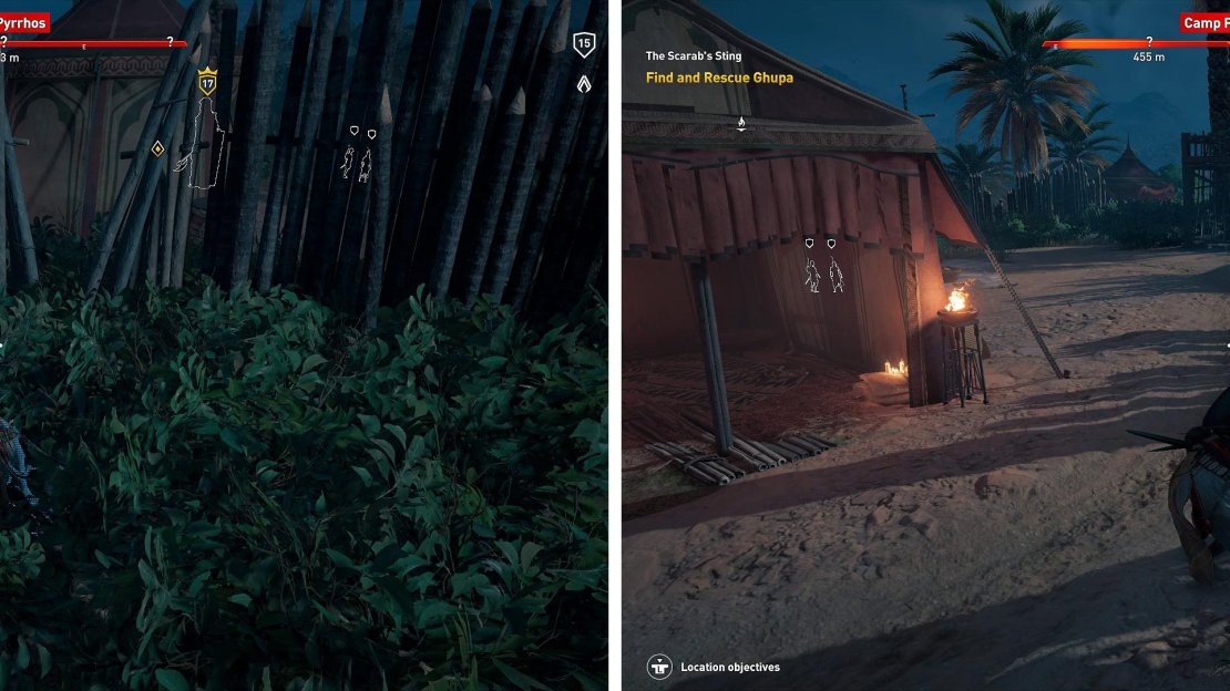 Make good use of the foliage around the camp (left) to lure your victims to you then make your way to rescue Ghupa (right).
