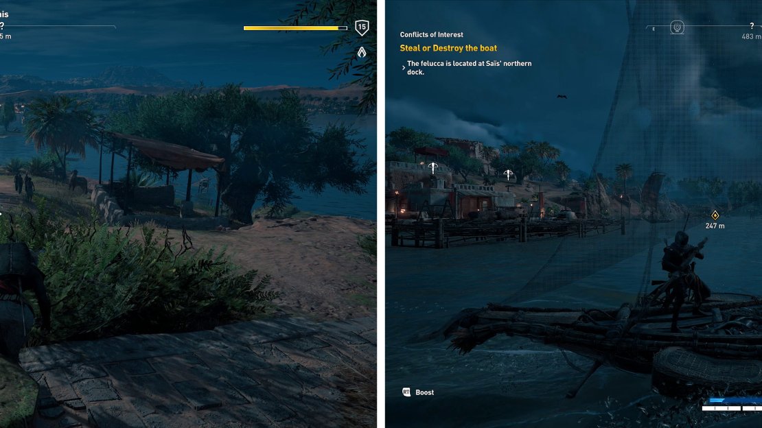 Follow the merchants at night (left) then after the scenes, head to the fort. You can either destroy or steal the felucca (right).