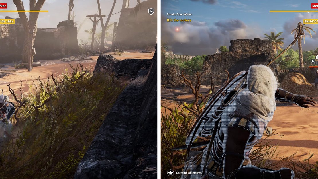 Sneak around the village killing the looters (left) and if you have the Chain Assassination skill (right), your work will be swifter.