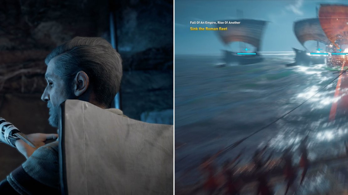 Endure another present-day section with Layla (left) after which you’ll find yourself in the game’s third main story naval battle (right).