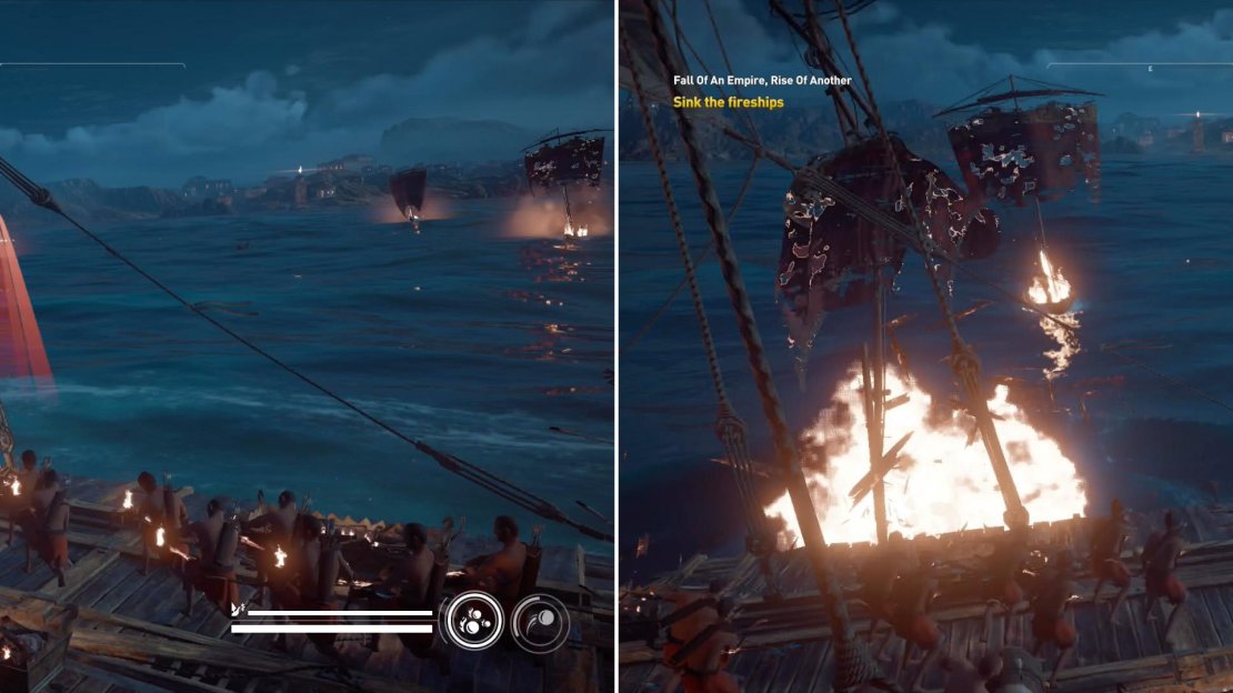 Fire ships are weak, if you aim well and remain calm you can easily dispatch them on at a time (left). If you let one get too close, however, they deal significant damage (right).
