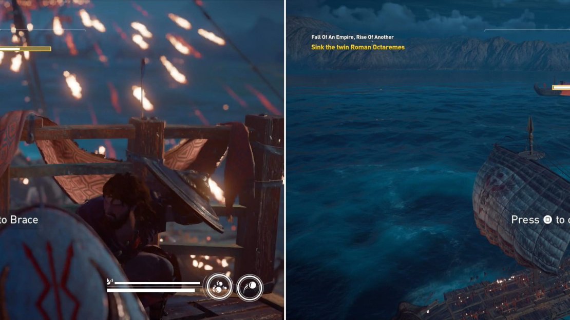Against two octaremes, you have little choice but to rely on bracing to negate damage (left). Respond with your catapult when it charges to score big damage (right).