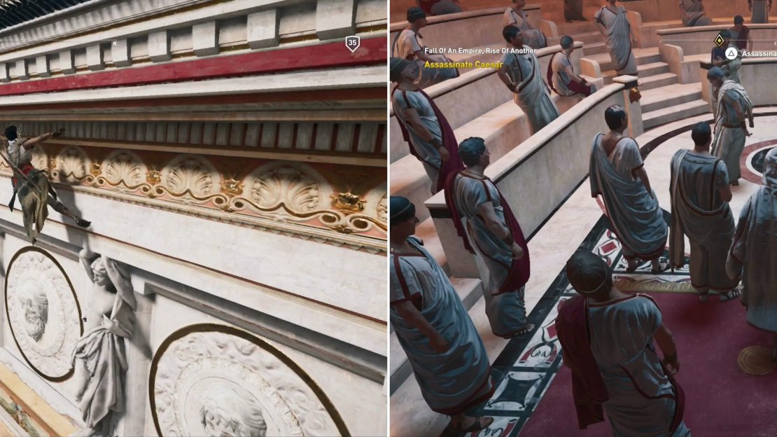 Bypass the Romans in the garden below by climbing along the decorative roof, just below the spikes (left). In the Roman Curia, approach Caesar and put an end to the would-be tyrant (right).