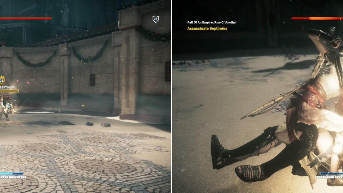 Septimius can’t easily counter ranged weapons, so make use of your bows (left) and your Overpower attacks (right).