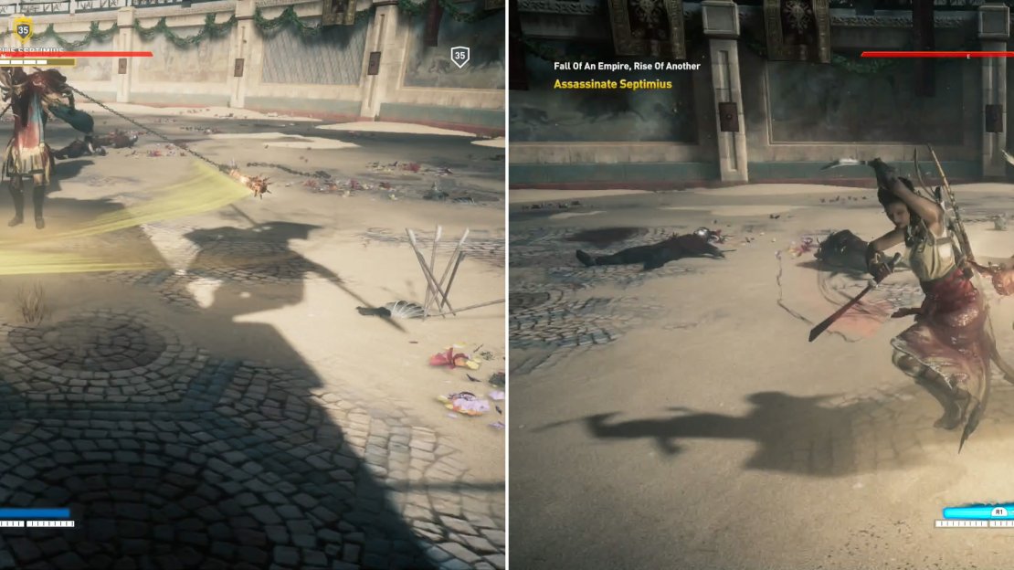 Time your attacks carefully to avoid Septimius’ spinning weaponry (left) and strike with a charged heavy attack to distrupt him (right).