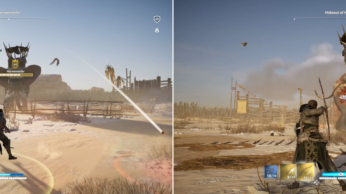 The unusually aggressive soldiers that ride Herwennefer will force you to stay defensive more often (left). Respond with ranged attacks of your own to charge your Overpower meter (right).