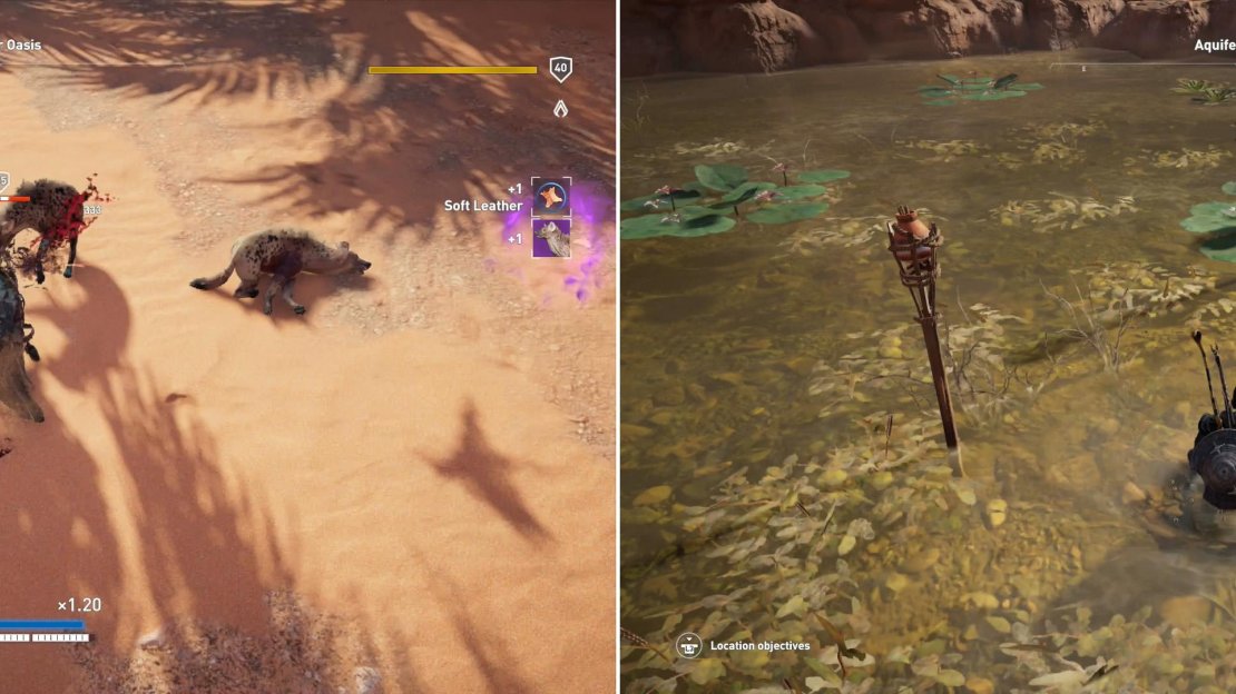 Kill the hyenas prowling about the Aquifer Oasis (left) then meditate in a most… unusual spot (right).