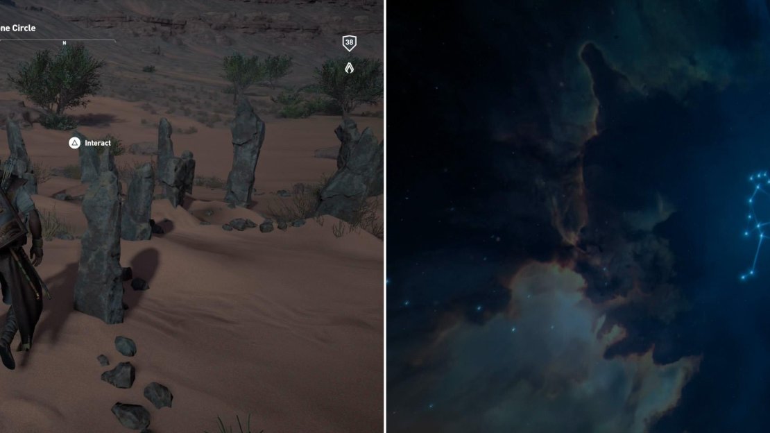 Find the Osiris Stone Circle (left) and match the constellation with the stars in the sky (right).