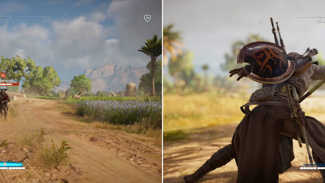 Ptolemy’s Fist is a slow-moving brute, whose lack of celerity makes him vulnerable to archery (left). Use archery to charge your Overpower meter, then expend the Overpower attack to deal massive damage (right).