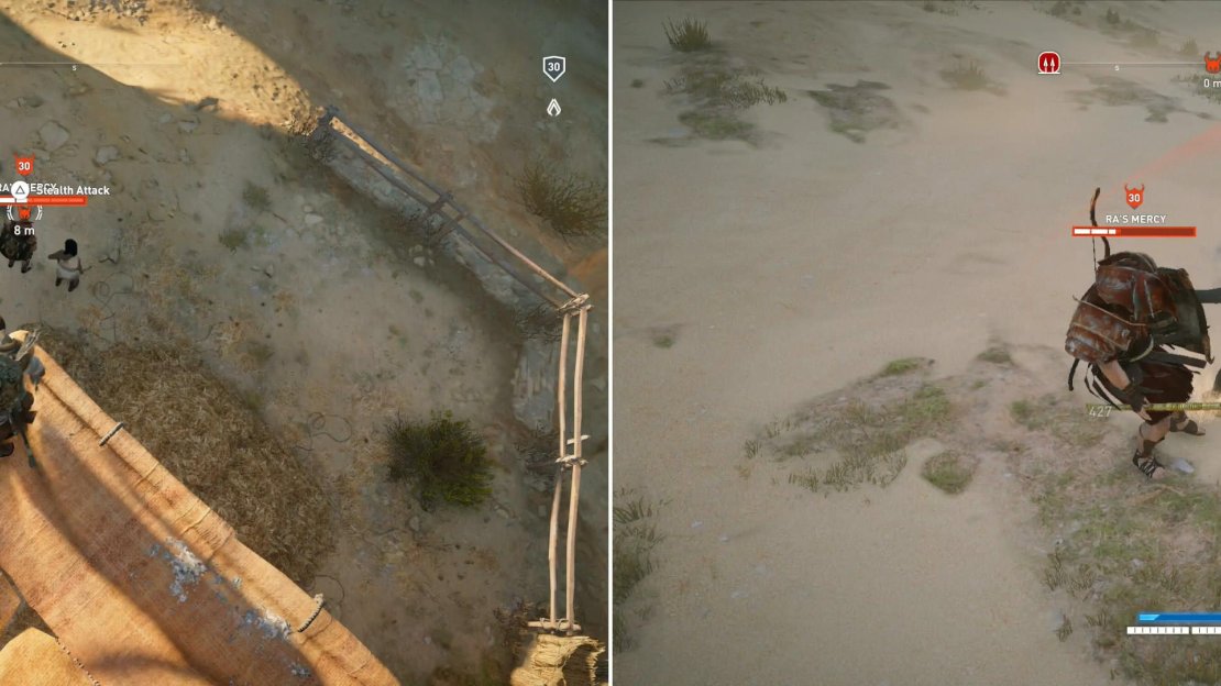 A sneak attack to start out any encounter with a Phylakes is always a good idea (left). Ra’s Mercy’s shield can be bypassed with charged heavy attacks (right).