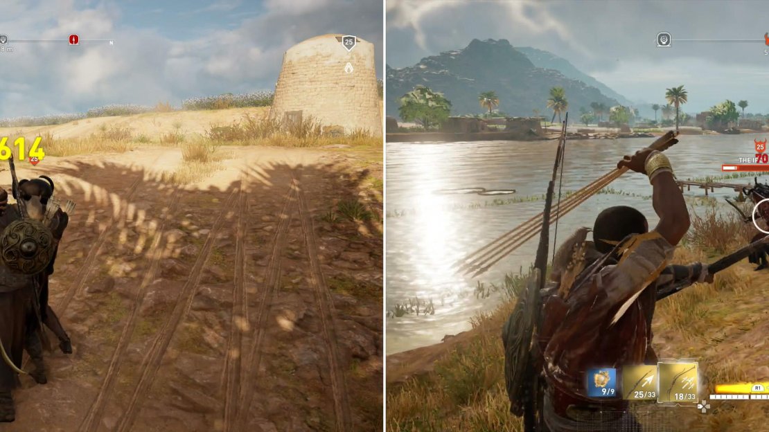 The Iron Ram may be quick, but he’s not observant enough to evade a sneak attack (left). You can also counter his speed in melee by simply keeping your distance and showing him the quality of your arrows (right).