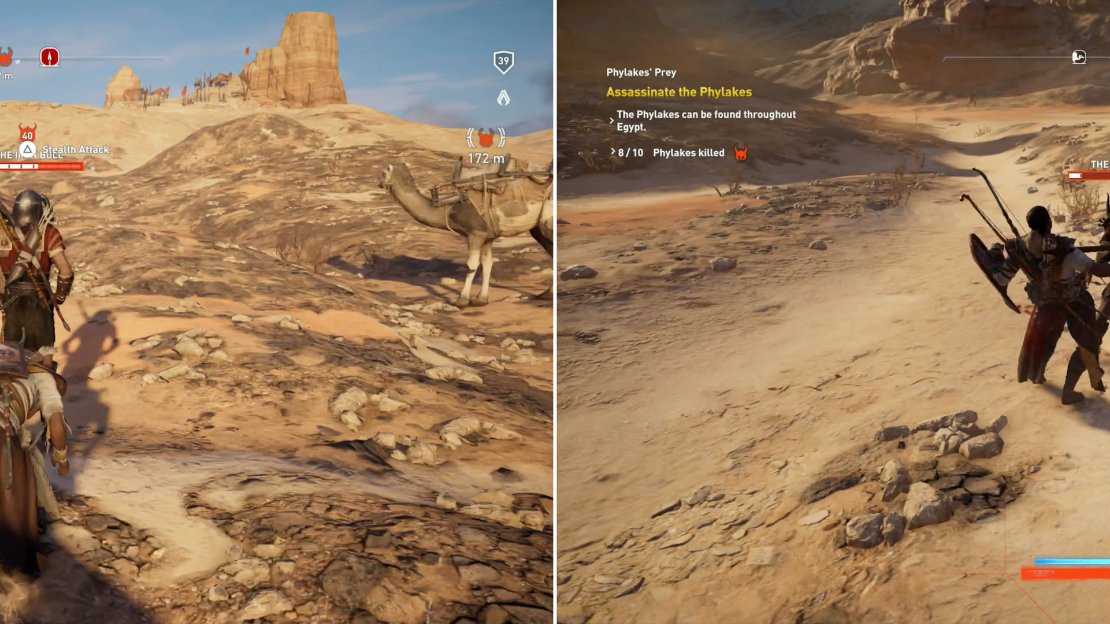 Sneak up on your prey - the massive damage to start out the fight will help (left). The Iron Bull’s reach and attack speed makes him a dangerous foe in melee combat (right).