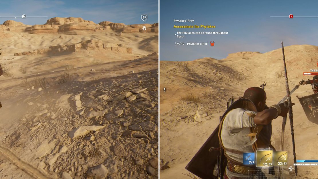 You’ll find the Galatian riding around the Isolated Desert in his chariot (left). You can get past his guard with either charged heavy attacks or archery (right).