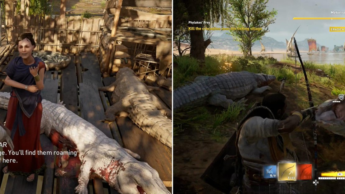 Find Abar in her secluded fishing village (left) then kill the crocodiles as she requested (right).