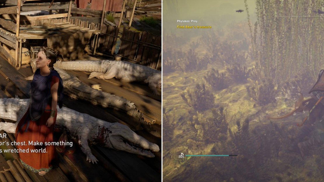 Return to Abar to get her key (left) then locate the Phylake’s submerged treasure (right).