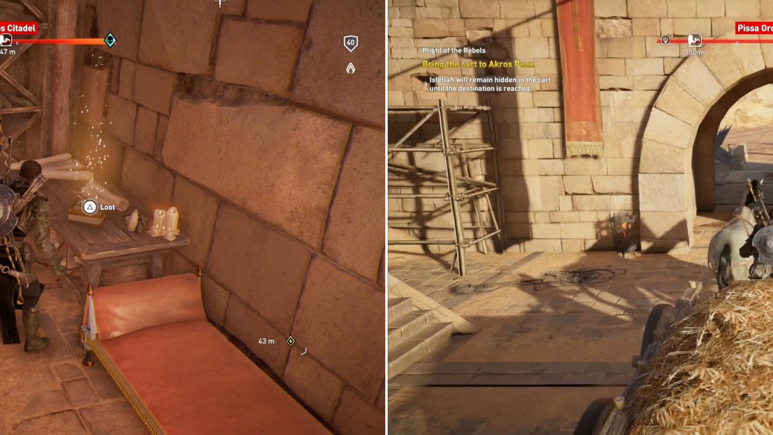 After clearing the citadel, loot it for your well-deserved reward (left), then ride the wagon in which Astellah hides to safety (right).