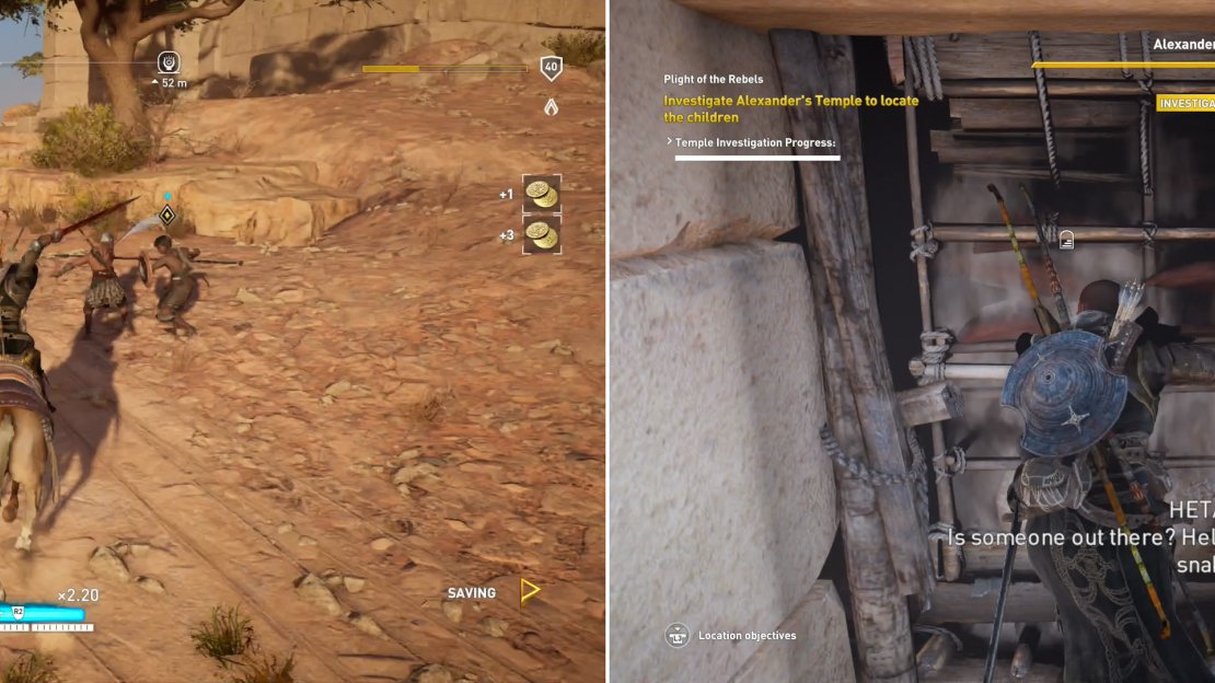 Kill the bandits lurking around Alexander’s Temple (left) then descend some stairs and attempt to move a rack to discover one of the missing children (right).