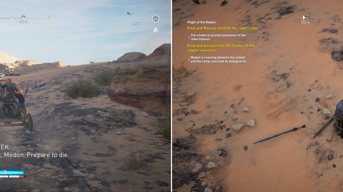 Wait for your opportunity, then chase down Medon (left) and confirm your kill (right).