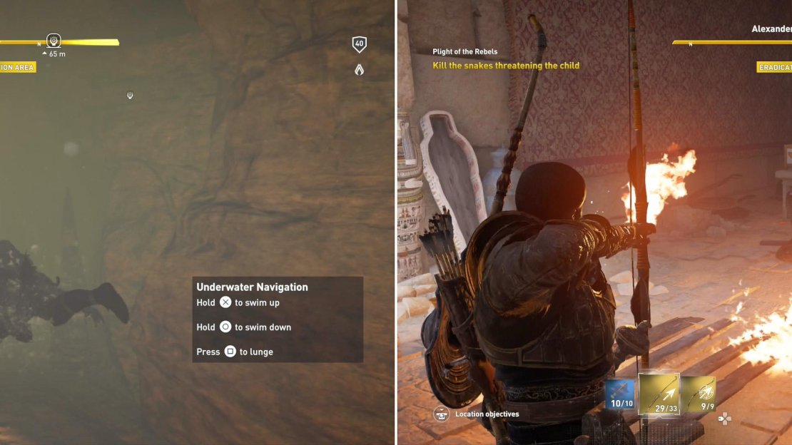 Swim through a submerged tunnel (left) then kill the cobras in Alexander’s Temple (right).