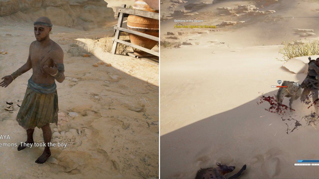 Find a deranged farmer wandering around the Dionysias Caravanserai, who will tell you about some “demons” (left). Head to the tower the farmer mentioned to find the missing boy, who is having a spat with some hyenas (right).