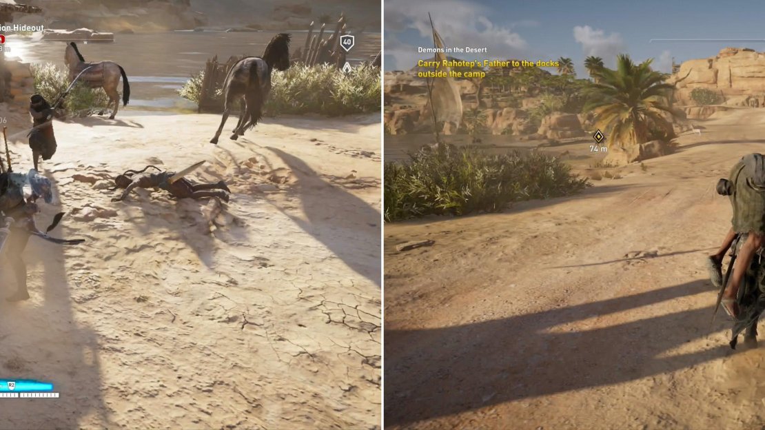 Join the farmer’s assault on the Larder Station Hideout (left) then carry the boy’s father to safety (right).