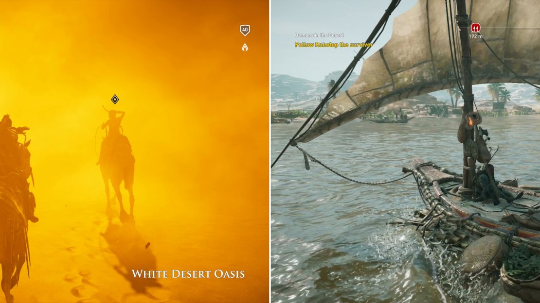 Follow the determined bow into a sand storm (left) then ride along as he pilots a ship across a lake (right).