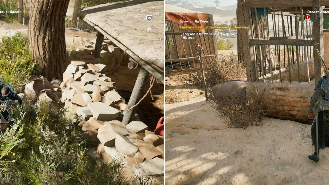 The Desert Waterfalls Hideout’s ample foliage makes clearing it a simple matter (left), after which you’ll need to free the captive farmers (right).