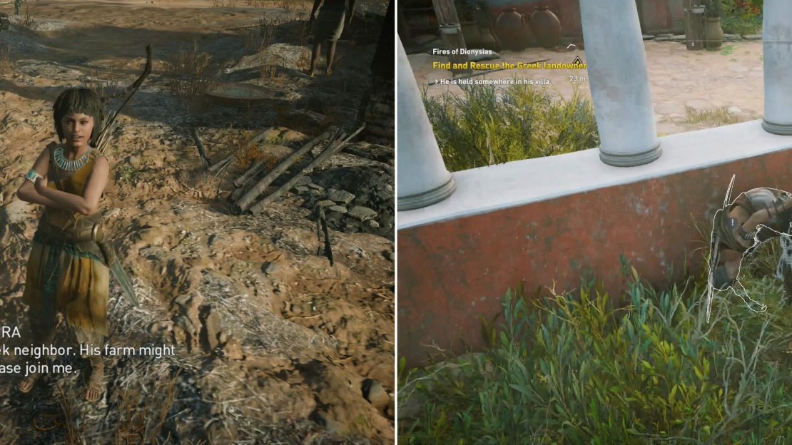 Talk to Zahra near her burnt farm (left) then head to her neighbor’s farm and kill the bandits there (right).