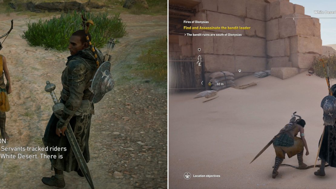 You’ll learn from Bion that the bandits operate out of the White Desert (left). Head to their camp and kill them (right).