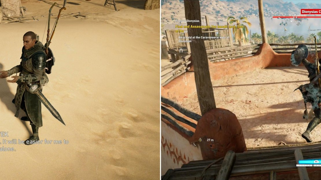 Bayek talks some sense into Zahra (left) which allows you to inflitrate the Dionysias Caravanserai on your own (right).