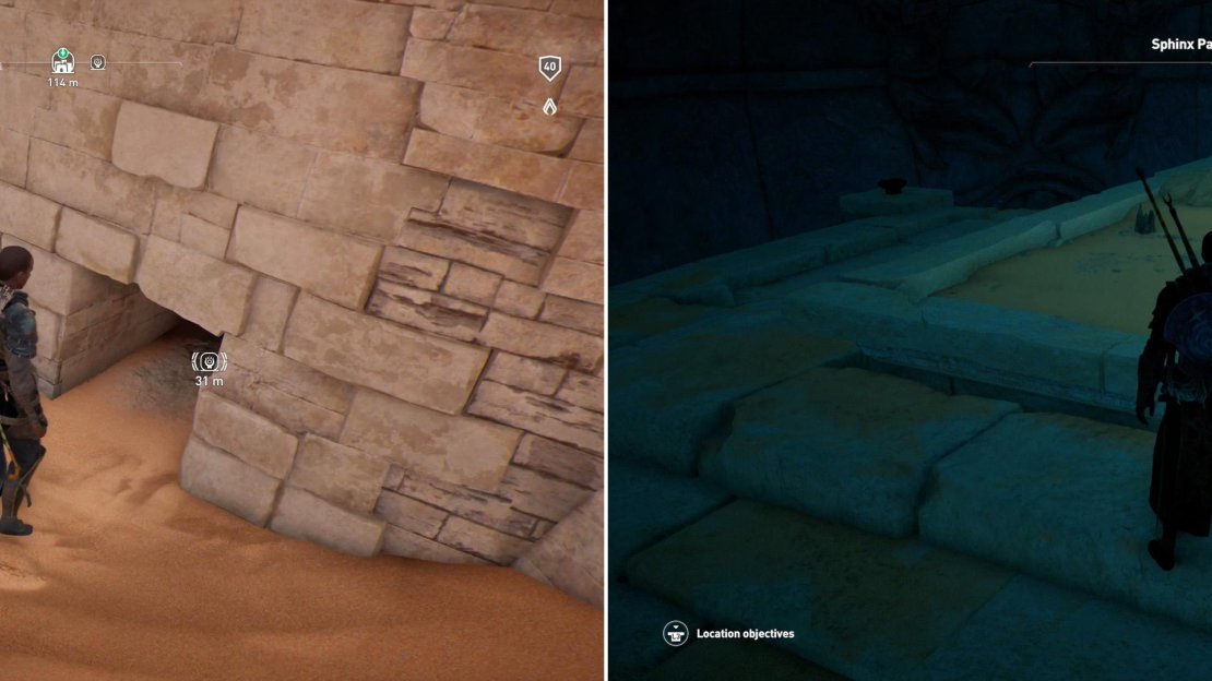 Find the secret entrance at the back of the sphinx (left) then descend until you reach a large chamber with a crude map of the stone circles (right).