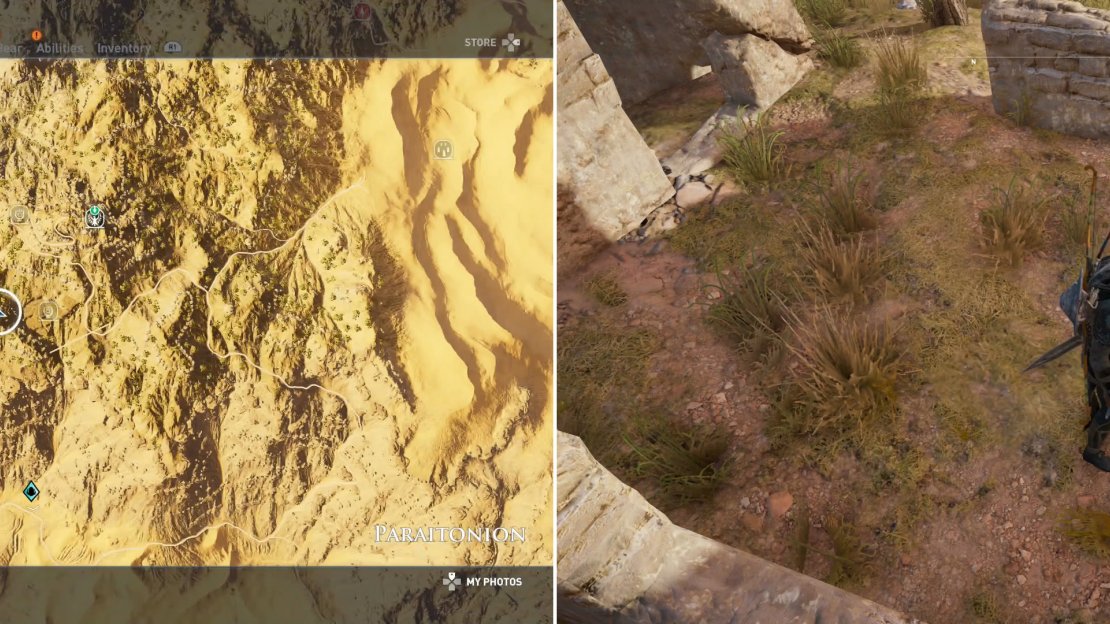 Head to the marked location on the map (left) then search the ruins to find the treasure mentioned in the Papyrus Puzzle scroll (right).